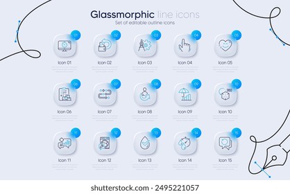 Set of Seo statistics, Cursor and Share line icons for web app. Delivery report, Methodology, Dermatologically tested icons. Seo timer, Cash back, Washing machine signs. Glassmorphism buttons. Vector