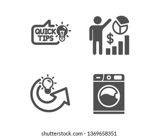 Set of Seo statistics, Education idea and Share idea icons. Washing machine sign. Analytics chart, Quick tips, Solution. Laundry service.  Classic design seo statistics icon. Flat design. Vector