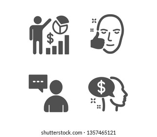 Set of Seo statistics, Healthy face and Users chat icons. Pay sign. Analytics chart, Healthy cosmetics, Communication concept. Beggar.  Classic design seo statistics icon. Flat design. Vector