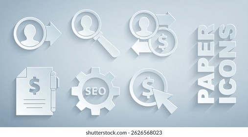 Set Seo tag with gear wheel, Job promotion exchange money, Contract and pen, Cursor coin, Magnifying glass for search people and  icon. Vector