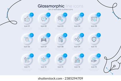 Juego de objetivos Seo, iconos de línea Como mano y Escudo para aplicación web. Código binario, Generar, Iconos de Pastel. Trabajo, ojo de salud, signos de entrega de alimentos. Camino de advertencia, perderse, burbuja de chat. Vector