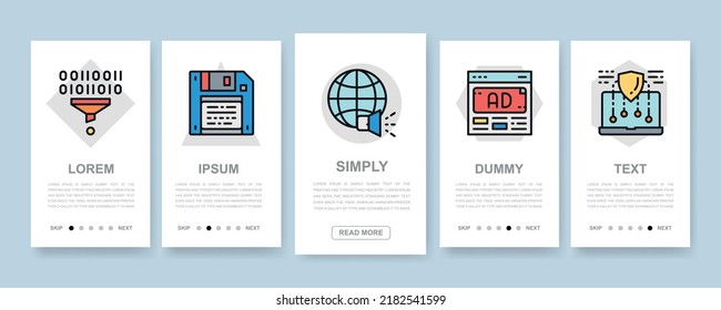 Conjunto de banners verticales SEO. Marcador, Hosting, Hyperlink, Publicidad, pantallas de aplicaciones móviles de transferencia de datos con iconos de color.