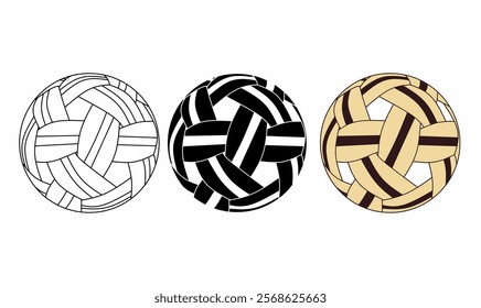 Set of sepak takraw ball icons in three styles: outline, solid black, and classic woven pattern. Ideal for sports graphics, traditional games, or cultural themes