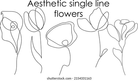 Set of separate Aesthetic single line flowers. Use as digital decorative element or minimalism print