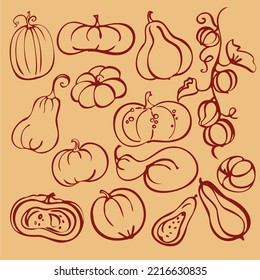 A set of separate different doodle pumpkins and hand graphics. 