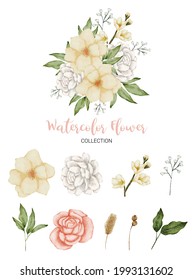 Set of Separate parts and bring together to beautiful bouquet of flowers in water colors style on white background, flat vector illustration