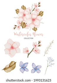 Set of Separate parts and bring together to beautiful bouquet of flowers in water colors style on white background, flat vector illustration