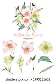 Set von getrennten Teilen und bringen Sie zu einem schönen Blumenstrauß in Aquarellfarben auf weißem Hintergrund, flache Vektorgrafik