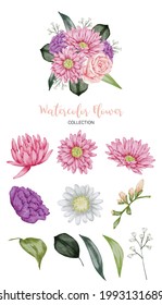 Set of Separate parts and bring together to beautiful bouquet of flowers in water colors style on white background, flat vector illustration