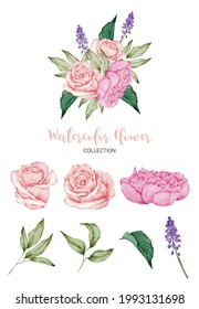Set of Separate parts and bring together to beautiful bouquet of flowers in water colors style on white background, flat vector illustration