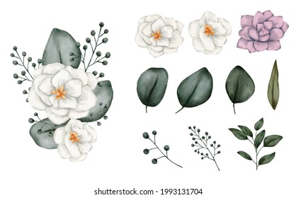 Set of Separate parts and bring together to beautiful bouquet of flowers in water colors style on white background, flat vector illustration