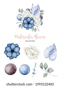 Set of Separate parts and bring together to beautiful bouquet of flowers in water colors style on white background, flat vector illustration