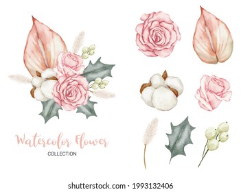 Set of Separate parts and bring together to beautiful bouquet of flowers in water colors style on white background, flat vector illustration