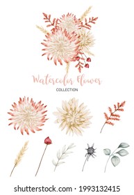 Set of Separate parts and bring together to beautiful bouquet of flowers in water colors style on white background, flat vector illustration