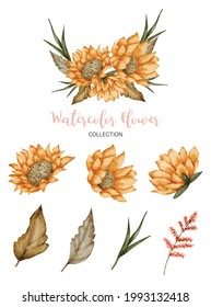 Set of Separate parts and bring together to beautiful bouquet of flowers in water colors style on white background, flat vector illustration