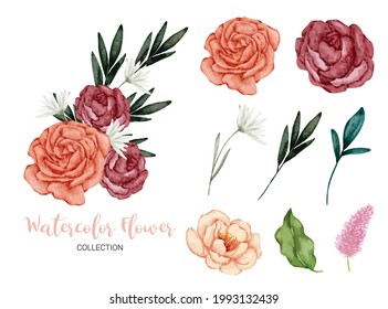 Set of Separate parts and bring together to beautiful bouquet of flowers in water colors style on white background, flat vector illustration