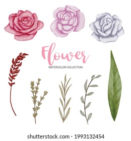 Set of Separate parts and bring together to beautiful bouquet of flowers in water colors style on white background, flat vector illustration