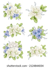 Set of Separate parts and bring together to beautiful bouquet of flowers in water colors style on white background, vector illustration
