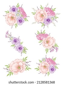 Set of Separate parts and bring together to beautiful bouquet of flowers in water colors style on white background, vector illustration