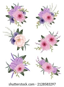 Set von getrennten Teilen und bringen Sie zu einem schönen Blumenstrauß in Aquarellfarben auf weißem Hintergrund, Vektorgrafik
