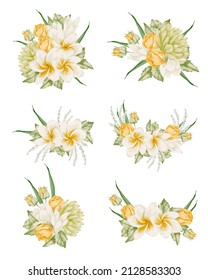 Set of Separate parts and bring together to beautiful bouquet of flowers in water colors style on white background, vector illustration