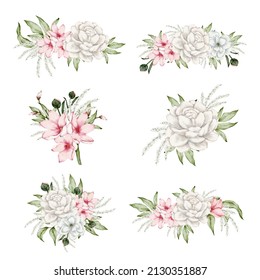 Set of Separate parts and bring together to beautiful bouquet of flowers in water colors style on white background, vector illustration