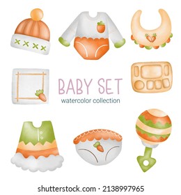 Set of Separate parts and bring together to beautiful clothes, baby items and toy in water colors style on white background, Watercolor vector illustration