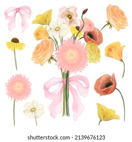 Set of Separate parts and bring together to beautiful bouquet of flowers in water colors style on white background, flat vector illustration