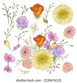 Set of Separate parts and bring together to beautiful bouquet of flowers in water colors style on white background, flat vector illustration