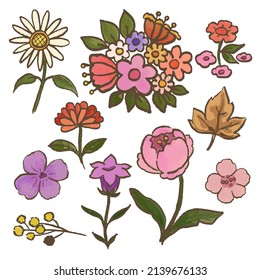 Set of Separate parts and bring together to beautiful bouquet of flowers in water colors style on white background, flat vector illustration