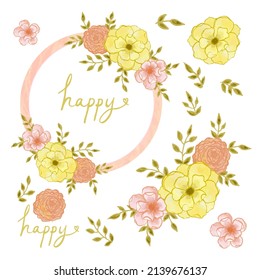 Set of Separate parts and bring together to beautiful bouquet of flowers in water colors style on white background, flat vector illustration