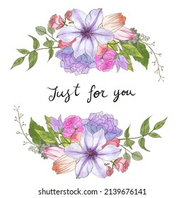Conjunto de partes separadas y juntar a un hermoso ramo de flores en color agua estilo sobre fondo blanco, ilustración vectorial plana