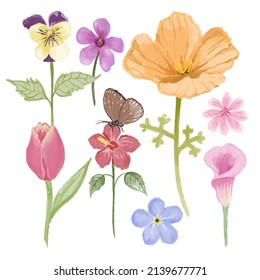 Set of Separate parts and bring together to beautiful bouquet of flowers in water colors style on white background, flat vector illustration