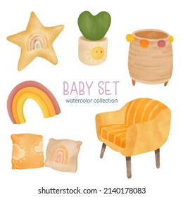 Set of Separate parts and bring together to beautiful clothes, baby items and toy in water colors style on white background, Watercolor vector illustration