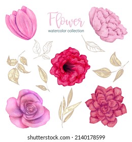 Set of Separate parts and bring together to beautiful bouquet of flowers in water colors style on white background, flat vector illustration