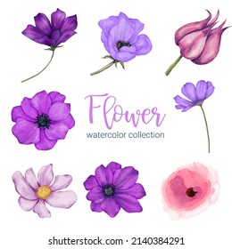Set of Separate parts and bring together to beautiful bouquet of flowers in water colors style on white background, flat vector illustration