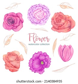 Set of Separate parts and bring together to beautiful bouquet of flowers in water colors style on white background, flat vector illustration