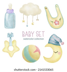 Set of Separate parts and bring together to beautiful clothes, baby items and toy in water colors style on white background, Watercolor vector illustration