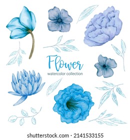 Set of Separate parts and bring together to beautiful bouquet of flowers in water colors style on white background, flat vector illustration