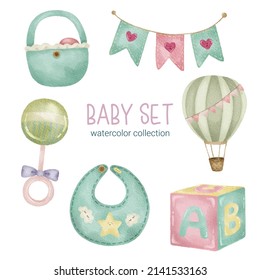 Set of Separate parts and bring together to beautiful clothes, baby items and toy in water colors style on white background, Watercolor vector illustration