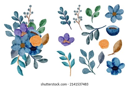 Set of Separate parts and bring together to beautiful bouquet of flowers in water colors style on white background, flat vector illustration