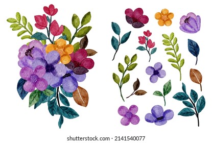 Set of Separate parts and bring together to beautiful bouquet of flowers in water colors style on white background, flat vector illustration