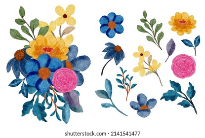 Set of Separate parts and bring together to beautiful bouquet of flowers in water colors style on white background, flat vector illustration