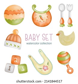 Set of Separate parts and bring together to beautiful clothes, baby items and toy in water colors style on white background, Watercolor vector illustration