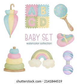 Set of Separate parts and bring together to beautiful clothes, baby items and toy in water colors style on white background, Watercolor vector illustration