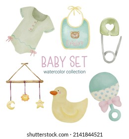 Set of Separate parts and bring together to beautiful clothes, baby items and toy in water colors style on white background, Watercolor vector illustration