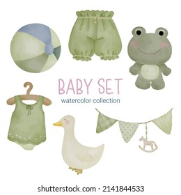 Set of Separate parts and bring together to beautiful clothes, baby items and toy in water colors style on white background, Watercolor vector illustration