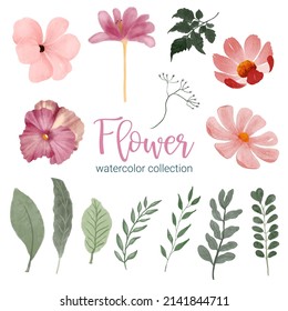 Set of Separate parts and bring together to beautiful bouquet of flowers in water colors style on white background, flat vector illustration