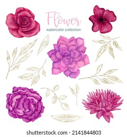 Set of Separate parts and bring together to beautiful bouquet of flowers in water colors style on white background, flat vector illustration