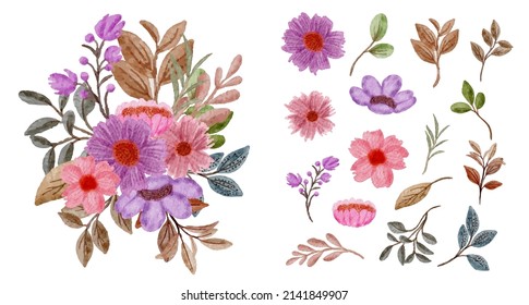 Set of Separate parts and bring together to beautiful bouquet of flowers in water colors style on white background, flat vector illustration